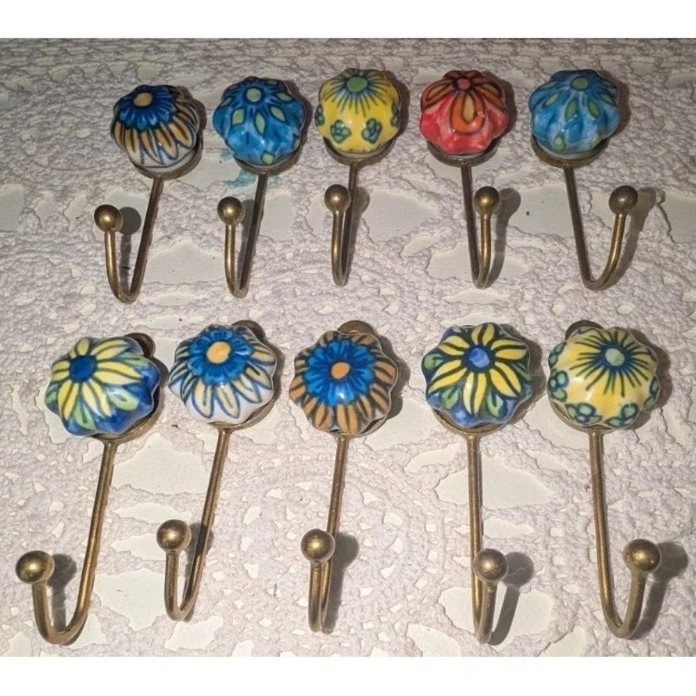 Vintage Hand Painted Ceramic Wall Hooks Floral Brass Robe Coat Hooks Set of 10